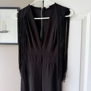 K Too Black Fringe Shoulder Jumpsuit